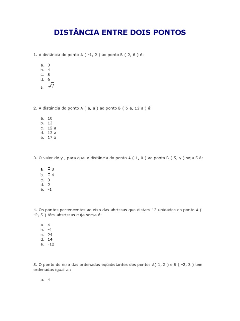 Exercicios Distancia Entre Dois Pontos