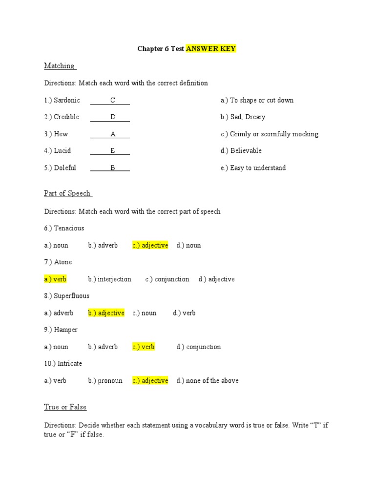 Chapter 6 Test & Answer Key | PDF
