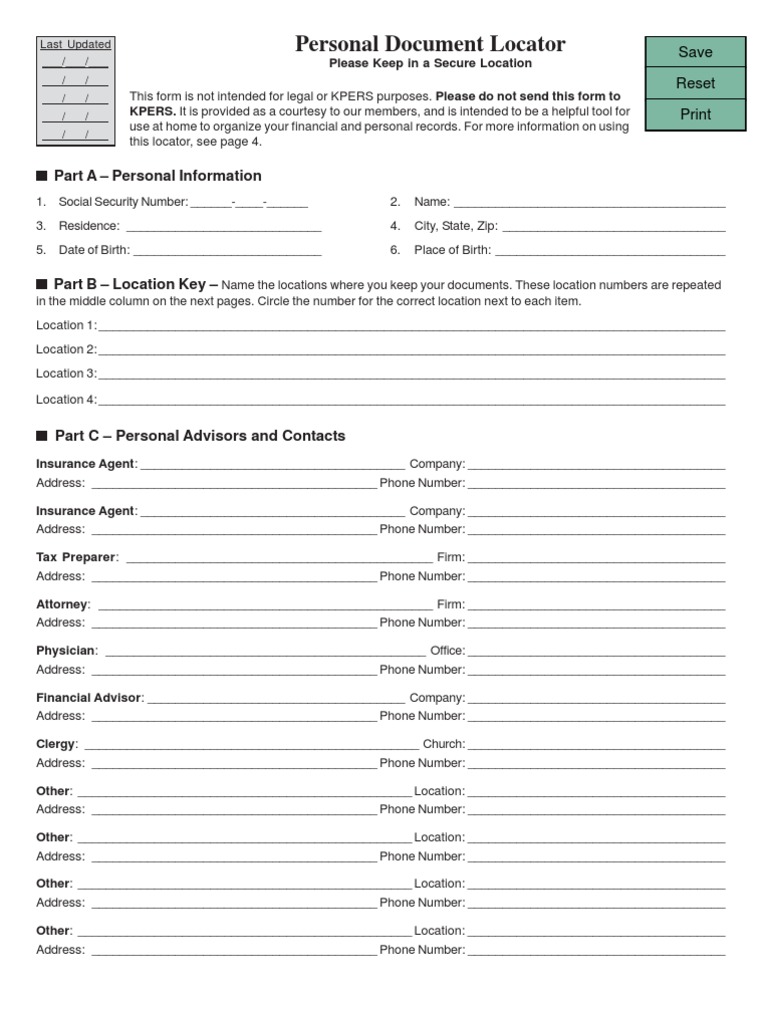 Personal Document Locator Part A Personal Information PDF Power