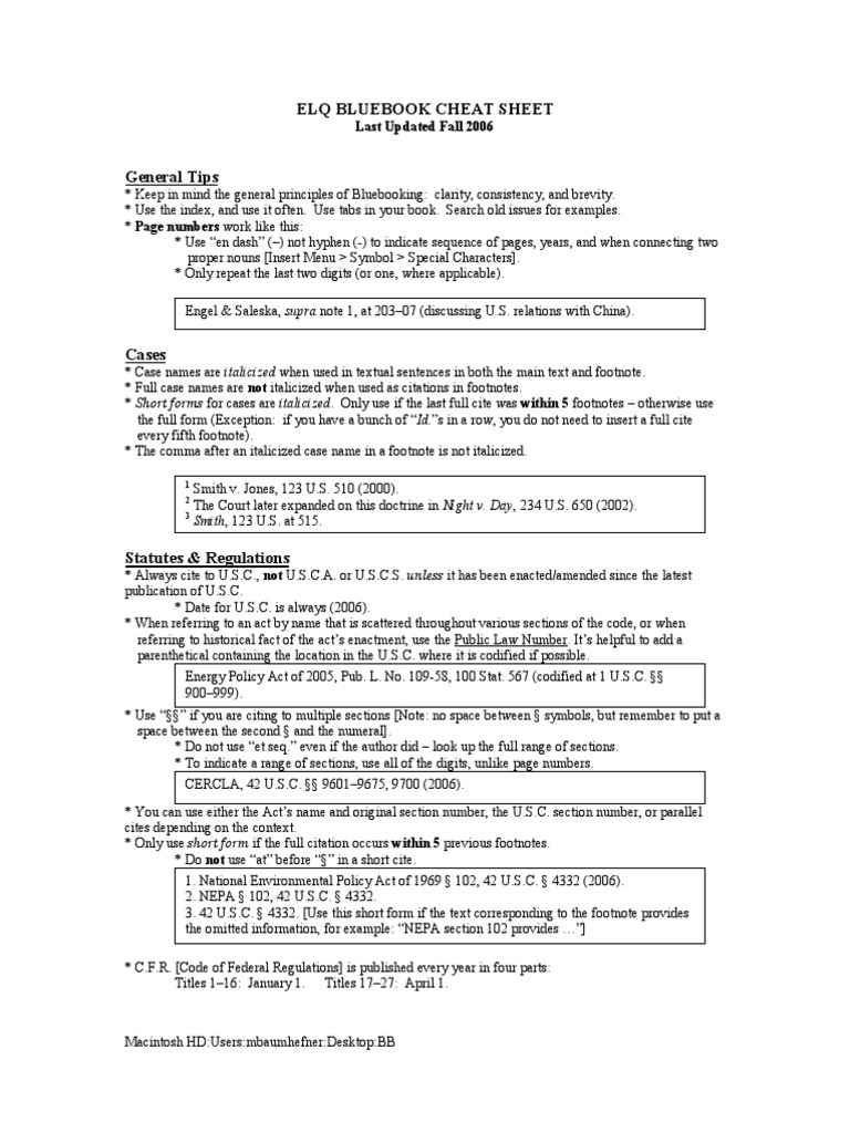 Blue Book Cheatsheet (2006) United States Code National