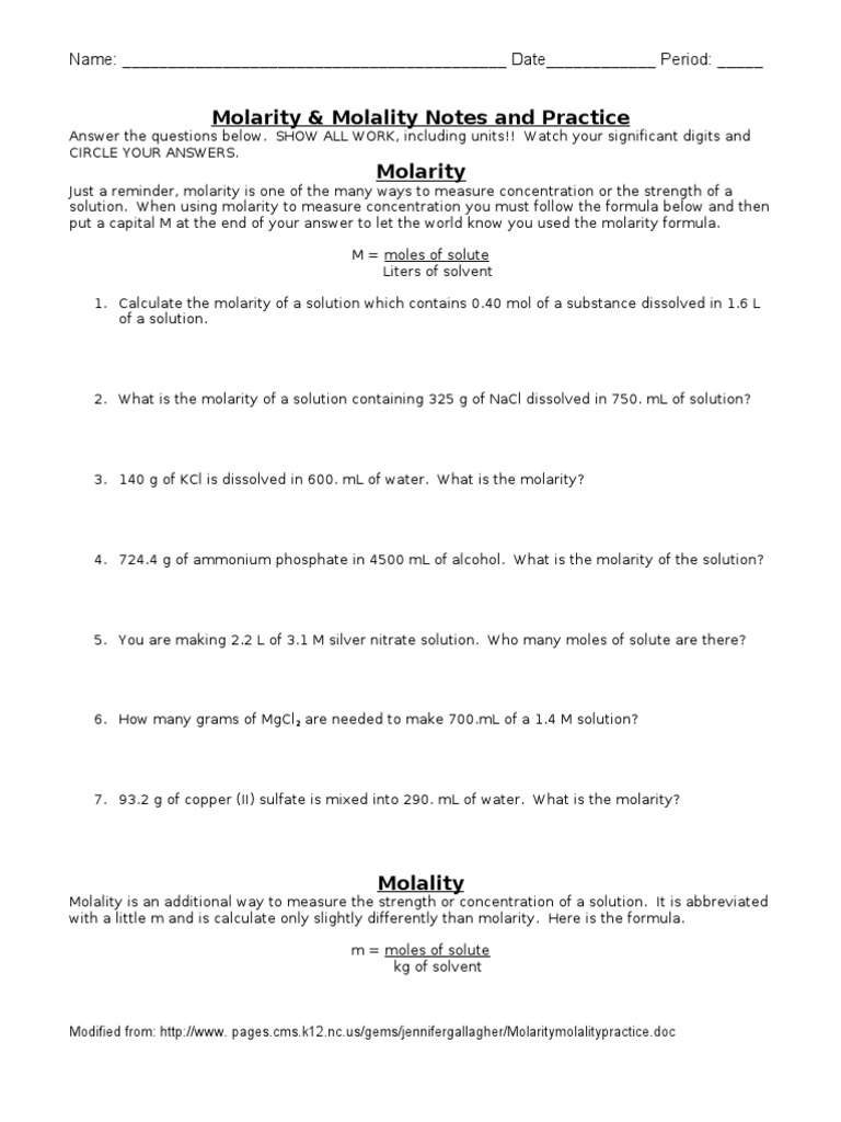 molarity and molality worksheet answers Intended For Molarity Practice Worksheet Answer
