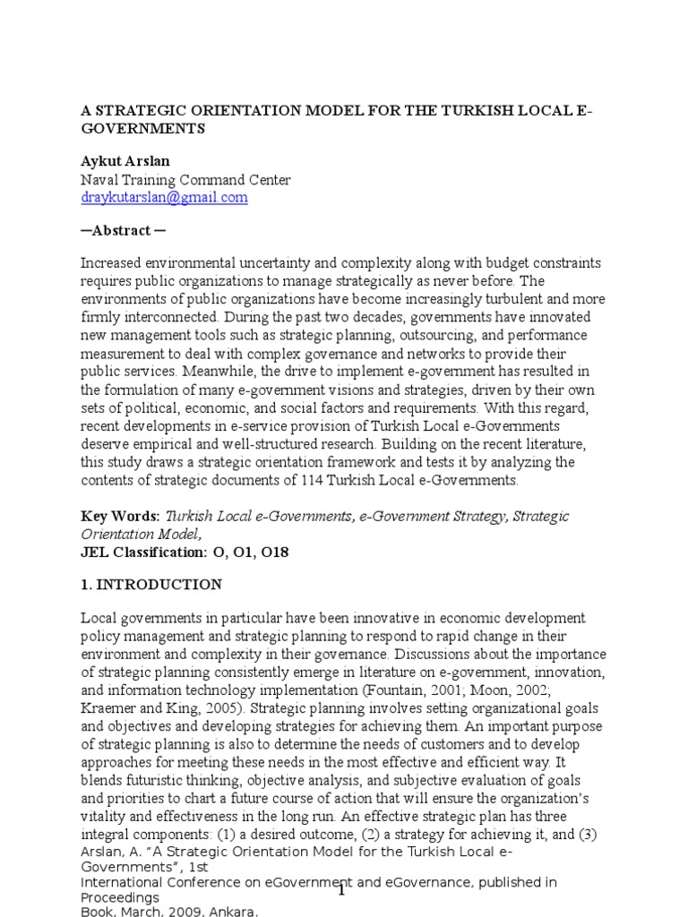 A Strategic Orientation Model For The Turkish Local E-Governments Aykut ...