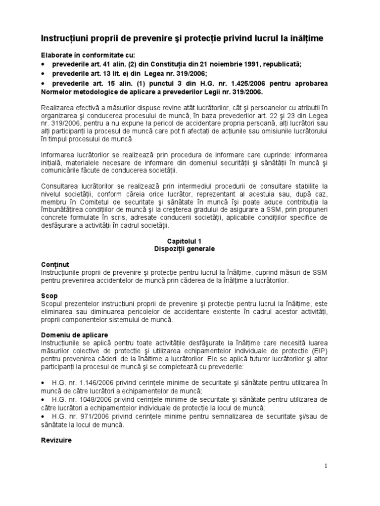 Instructiuni Proprii de Prevenire Si Protectie Privind Lucrul La ...