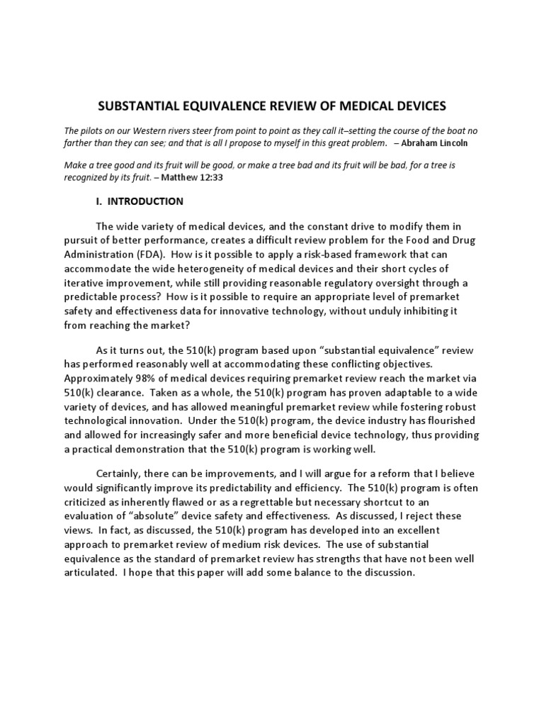 Substantial Equivalence Review of Medical Devices PDF Federal Food