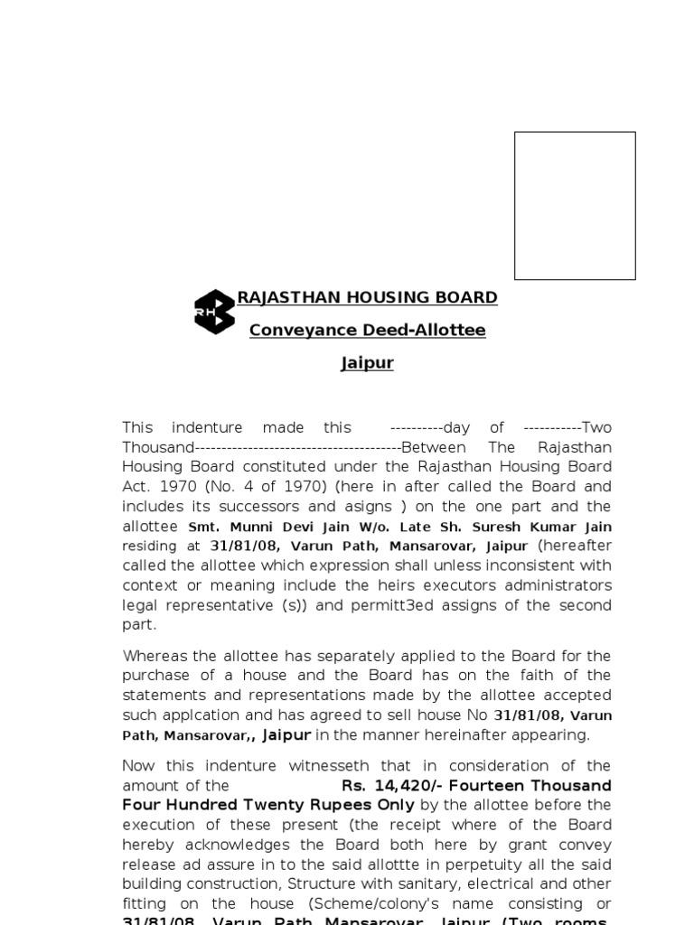 Rajasthan Housing Board Conveyance Deed | PDF | Common Law | Government