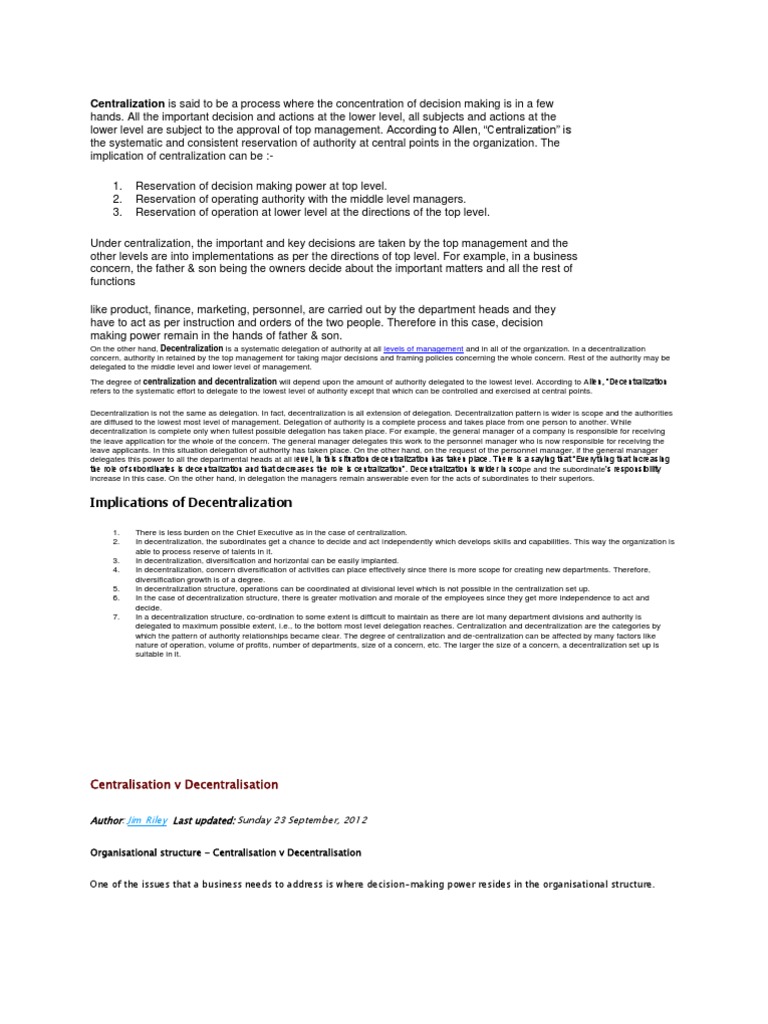Centralization Is Said To Be A Process Where The Concentration of Decision  Making Is in A Few | PDF | Decentralization | Organizational Structure