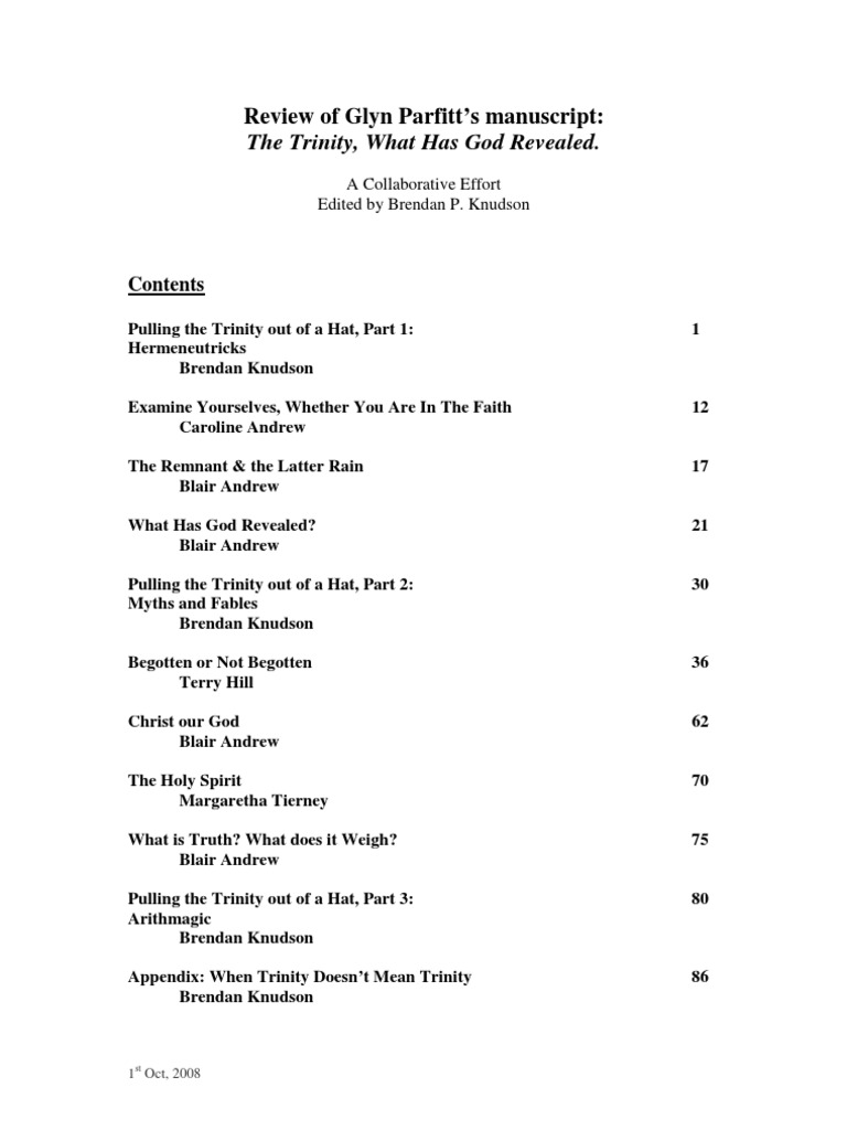 Review of 'The Trinity, What Has God Revealed' by Glyn Parfitt | PDF ...