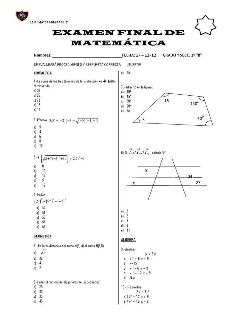 Examen Final de Matemáticas 1º "B" | PDF | Sustracción | Análisis complejo