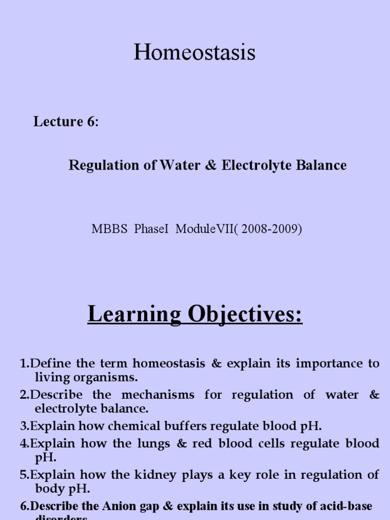 L6 Water and Electrolyte Balance | PDF | Homeostasis | Electrolyte