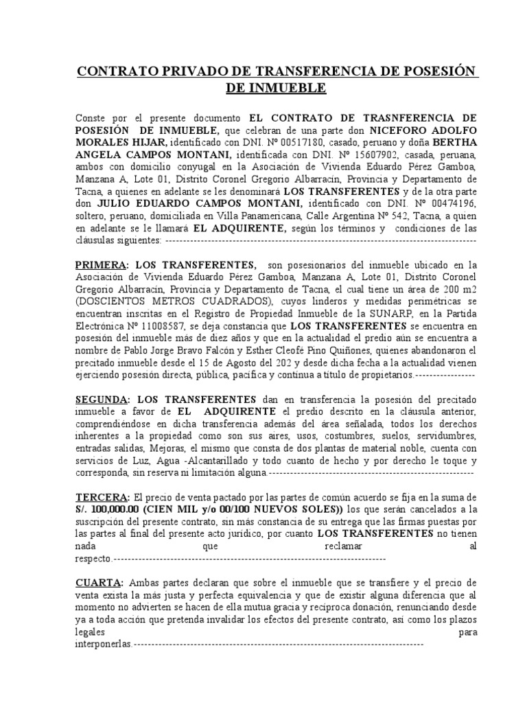 CONTRATO PRIVADO DE TRANSFERENCIA DE POSESIÓN DE INMUEBLE 