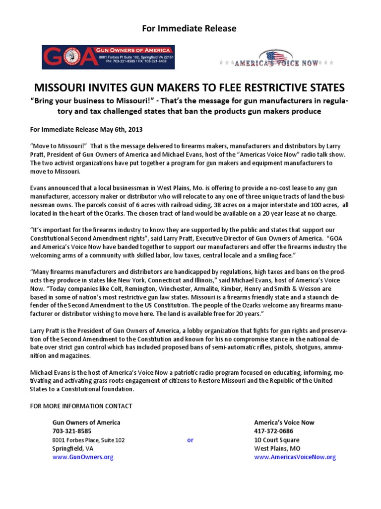 Missouri Gun Manufacturers to the State with Land