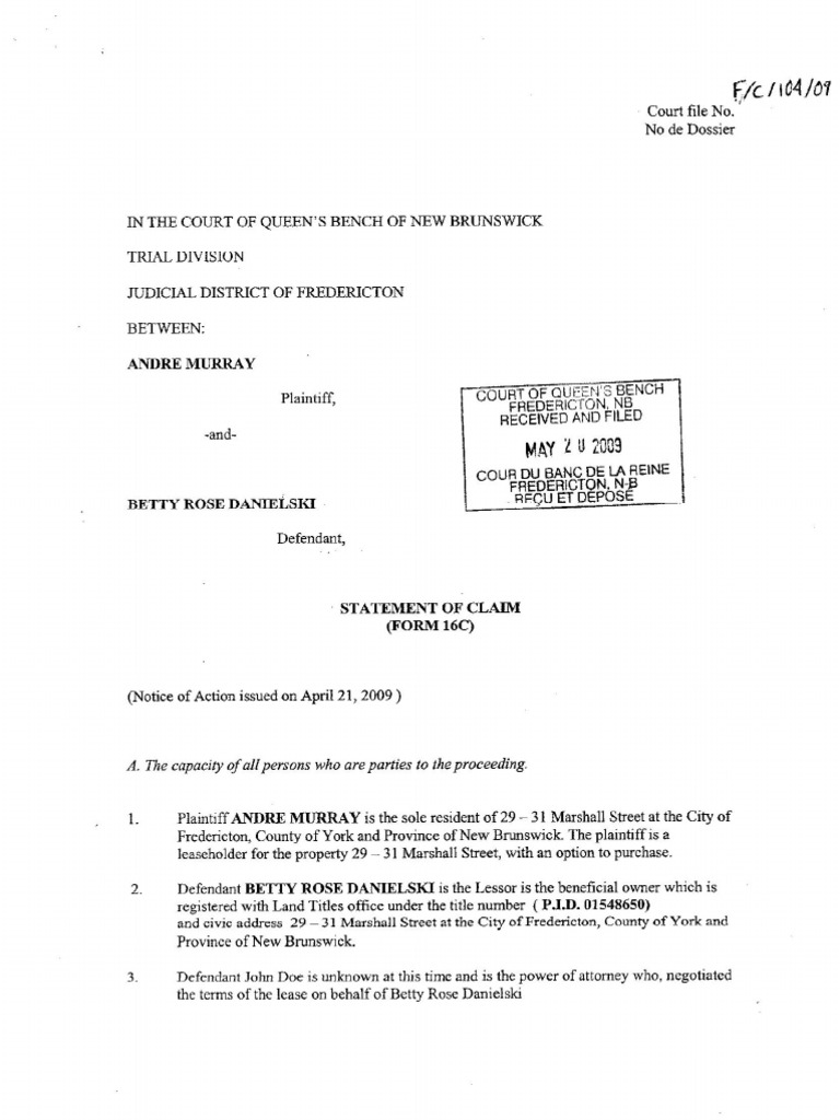 May 20, 2009, Statement of Claim, FORM 16C | PDF | Foreign Language Studies