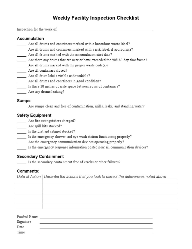 Weekly Facility Inspection Checklist | PDF | Home & Garden