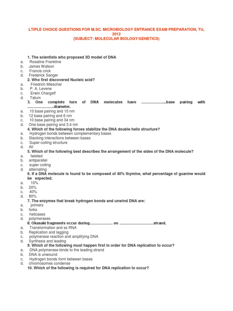 Mcq Molecular Rna Dna Replication