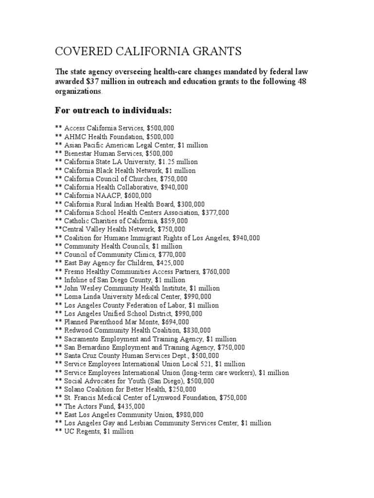 Covered California Grants For Outreach To Individuals PDF