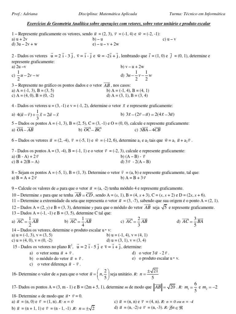 Lista de Exercicios - Operaes Com Vetores Vetor Unitrio e Produto ...
