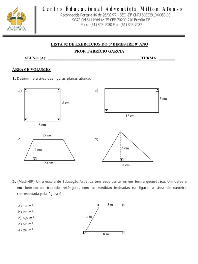 Lista De Exercicios Area De Figuras Planas