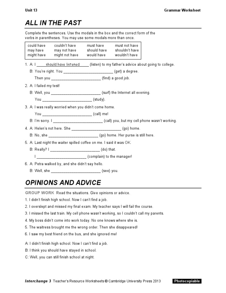 Interchange4thed Level3 Unit13 Grammar Worksheet