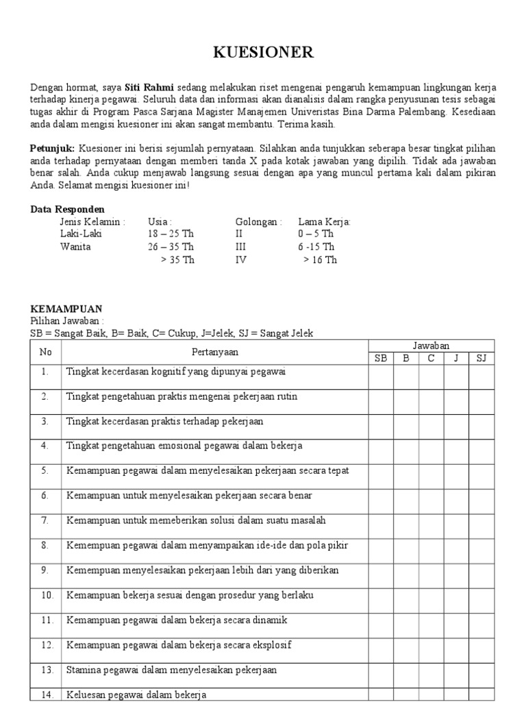 Kuesioner lingkungan kerja