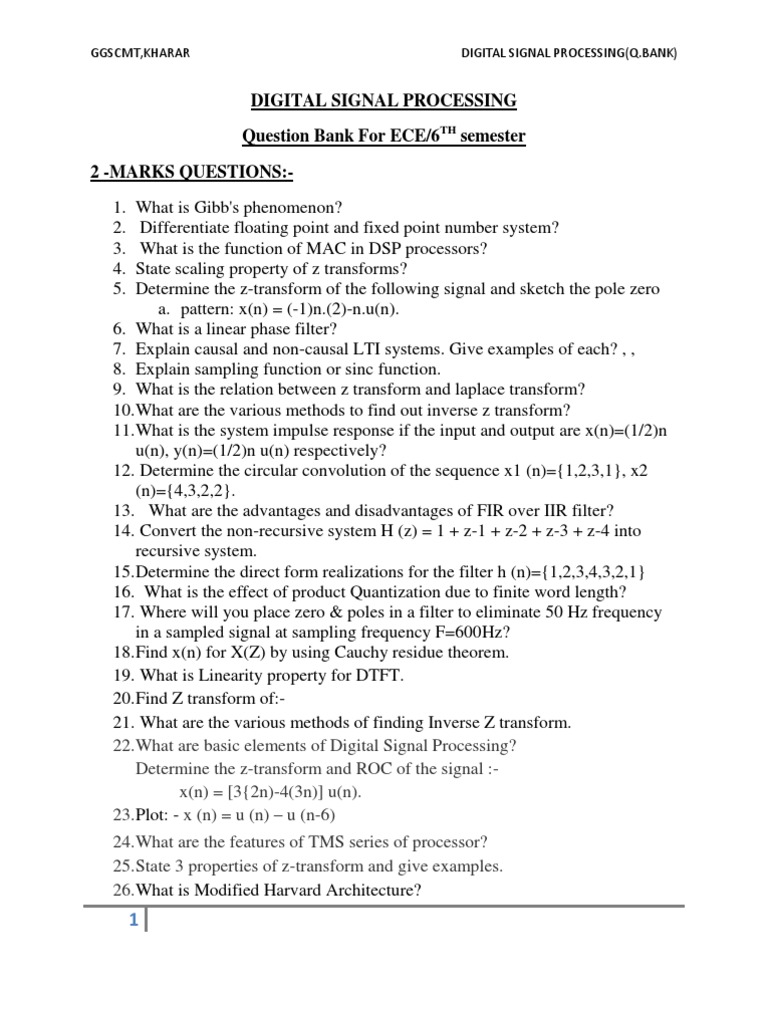 Digital Signal Processing QUESTION BANK PDF Digital Signal