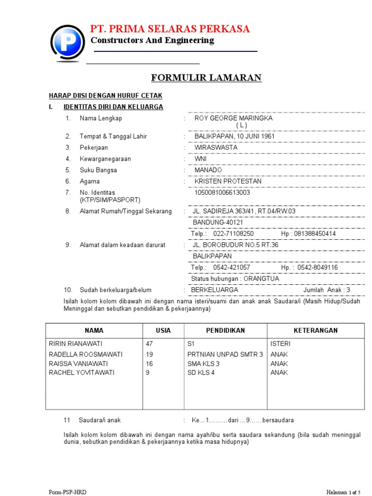 FORMULIR LAMARAN KERJA 1 FORMULIR LAMARAN KERJA 1