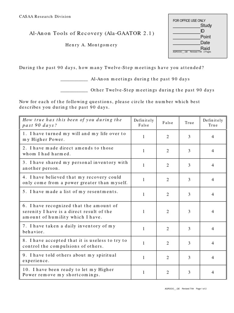 Al Anon Tools Questionnaire PDF Psychology Psychological Concepts