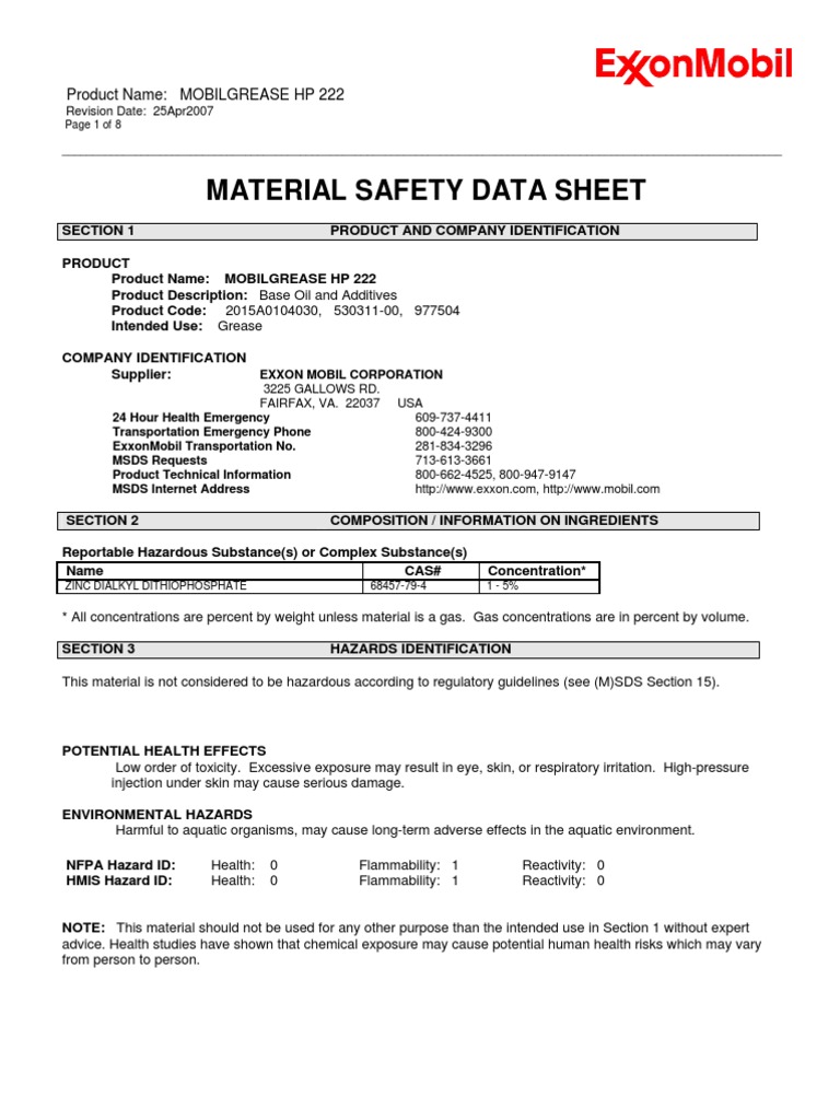 Mobilgrease XHP 222 MSDS PDF PDF Firefighting Personal Protective