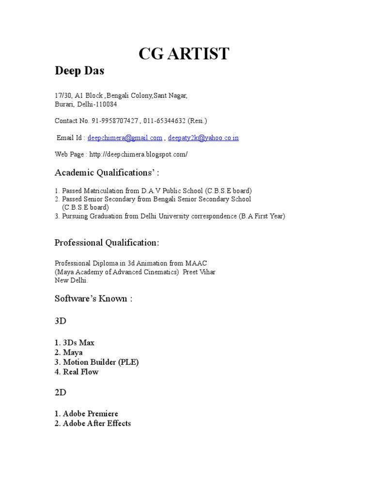CG Artist Resume of Deep Das | PDF