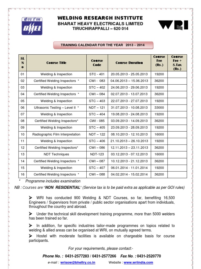 Welding Course Calendar 2013-2014 | PDF | Email | Business
