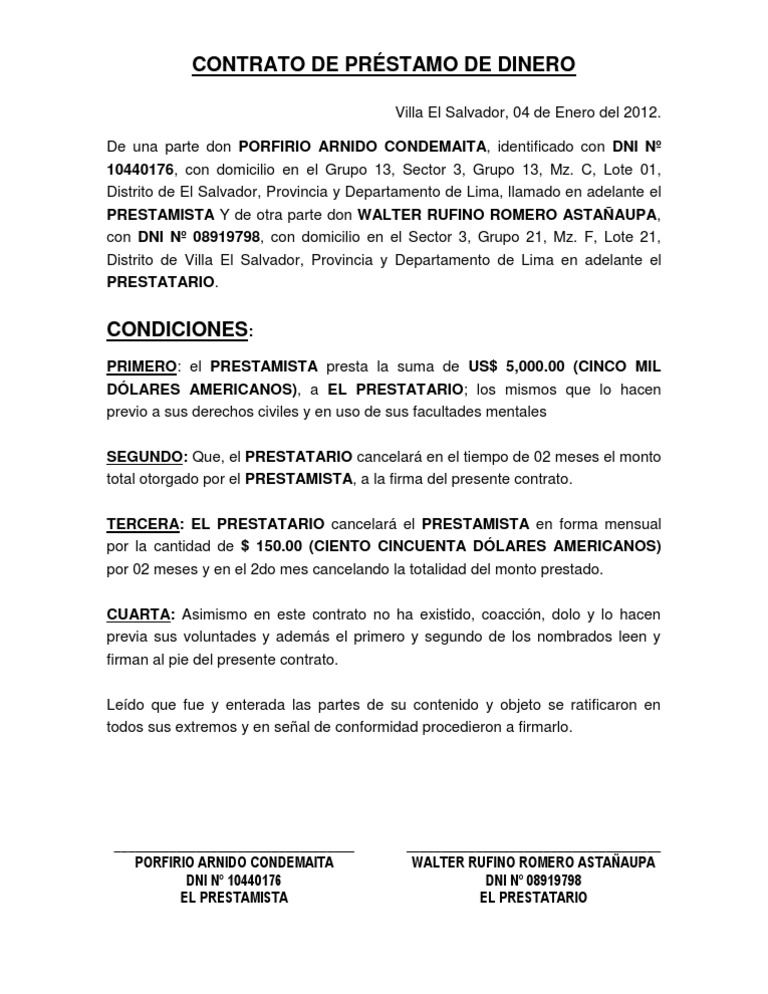 Contrato de Préstamo de Dinero Simple | PDF