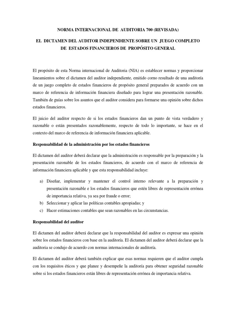 Resumen de la NIA 700 Revisada | PDF | Contralor | Auditoría financiera