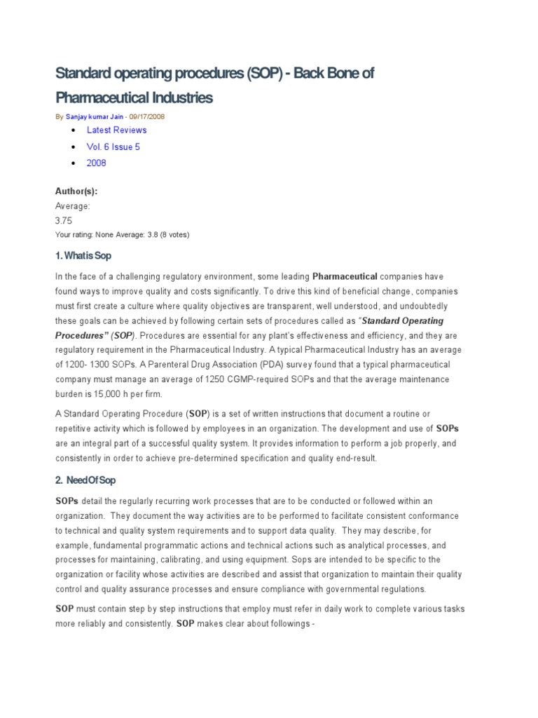 Standard Operating Procedures PDF Employment Food And Drug Administration