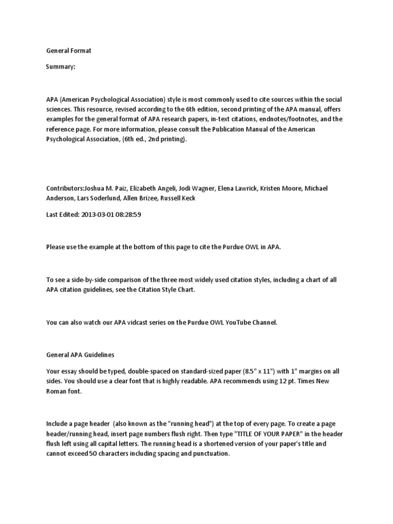 Apa General Format American Psychological Association Citation