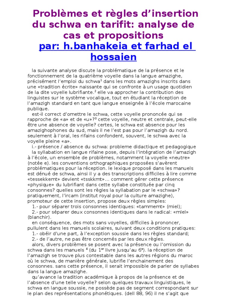 Problèmes du schwa en tarifit | PDF | Syllabe | Voyelle