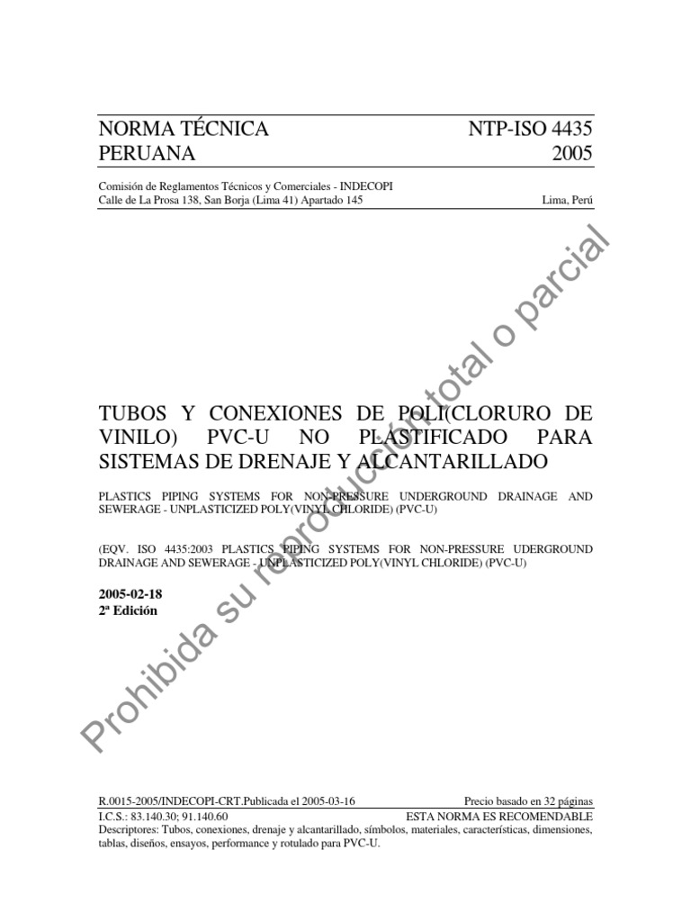 NTP-ISO 4435: Drenaje y Alcantarillado PVC-U | PDF | Science | Ingeniería