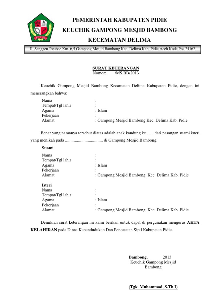 Contoh Surat Keterangan Pengajuan Akta Kelahiran I | PDF