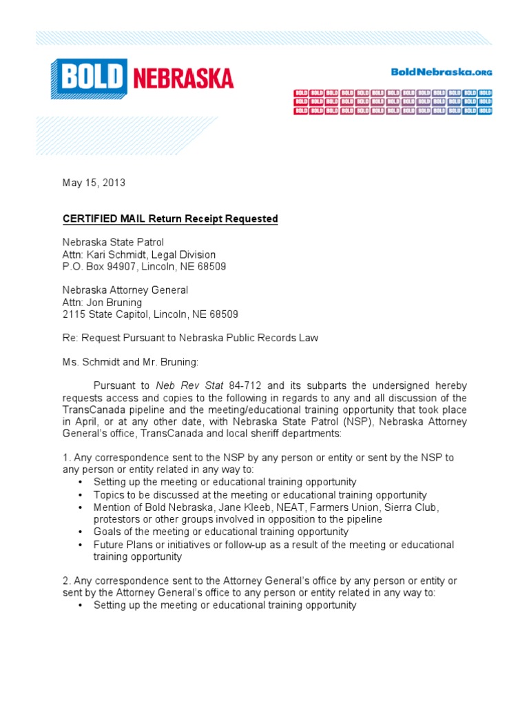 Public Records Request Letter to Nebraska State Patrol and Nebraska