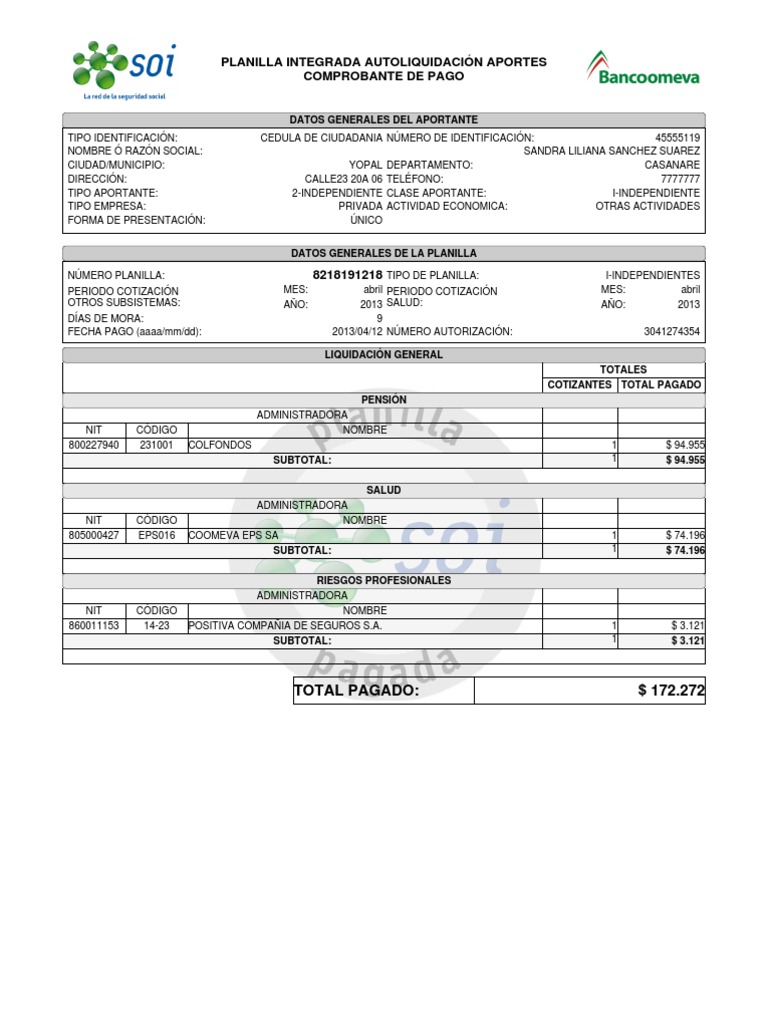 Planilla de Pago A Seguridad Social PDF