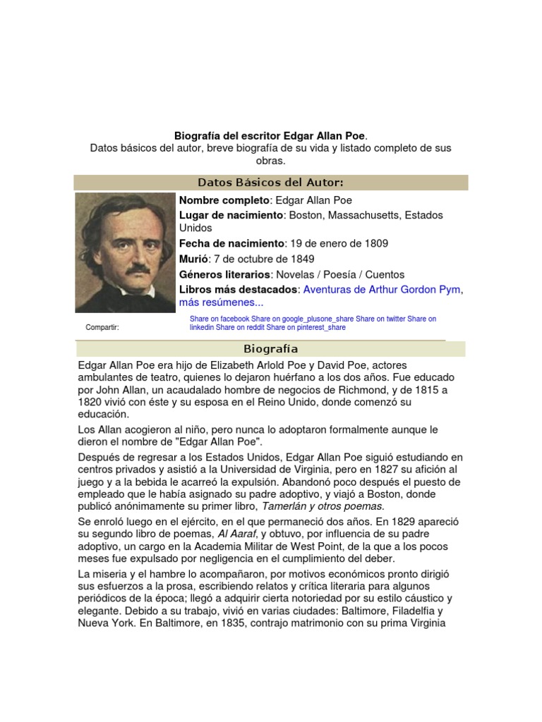 Biografía del escritor Edgar Allan Poe