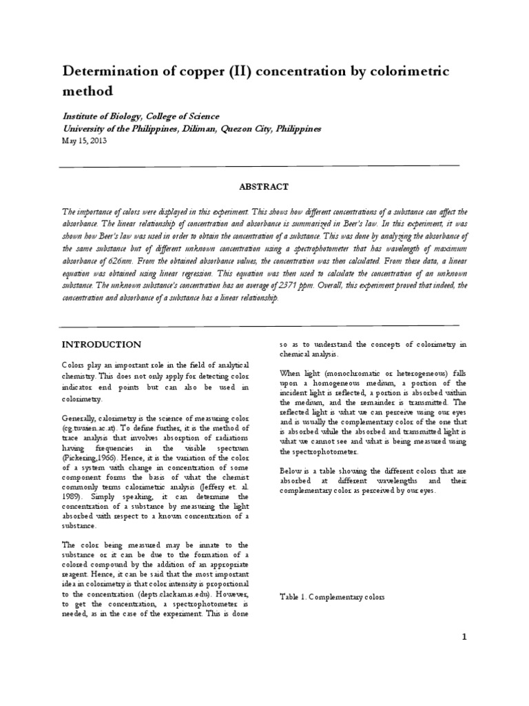 Determination of Copper (II) Concentration by Colorimetric Method | PDF ...