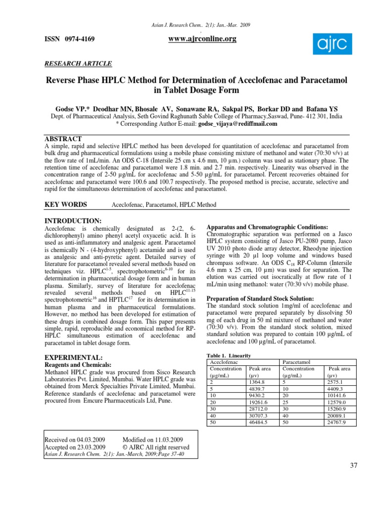 Reverse Phase HPLC Method For Determination of Aceclofenac and