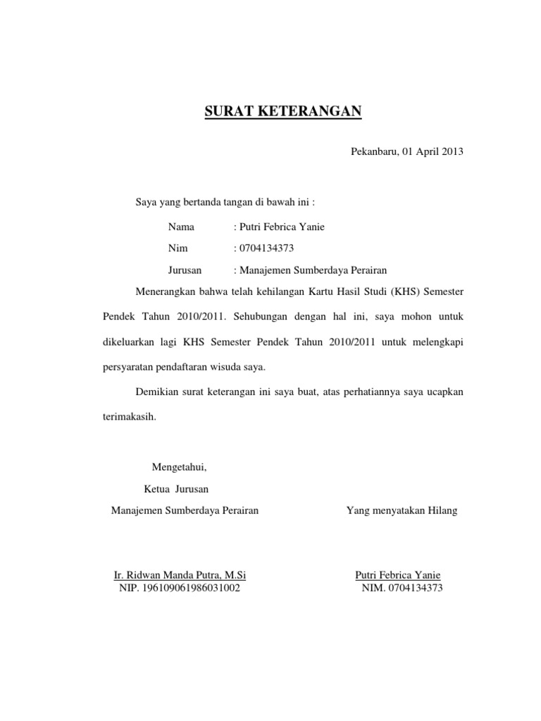 Surat Keterangan Hilang Khs