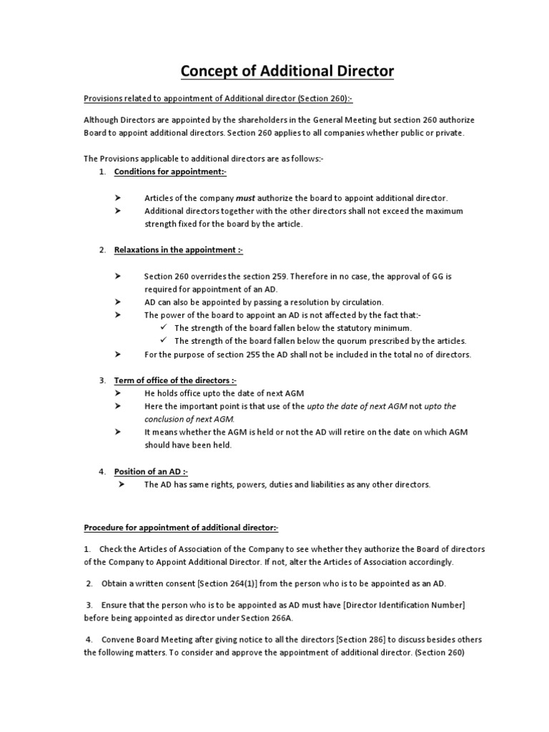 Concept of Additional Director Articles Of Association Board Of