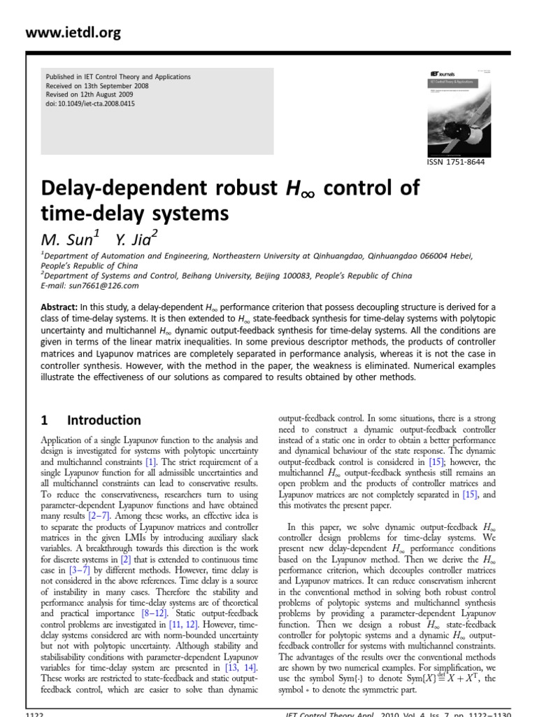 Delay-Dependent Robust H Control of Time-Delay Systems: M. Sun Y. Jia | PDF