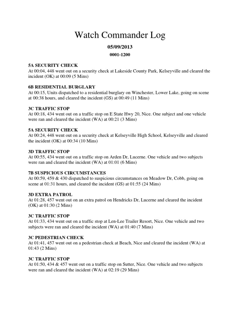 Watch Commander Log: Incident Reports | PDF | Traffic | Land Transport