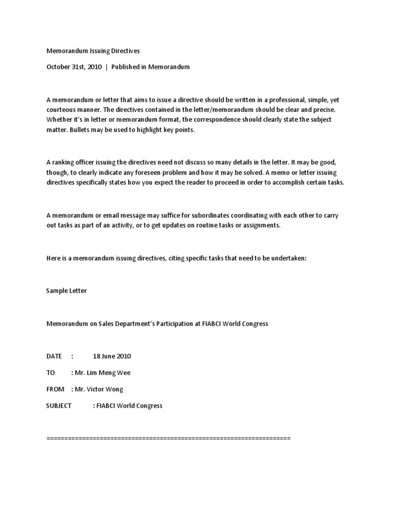 Memorandum Issuing Directives Memorandum Employment