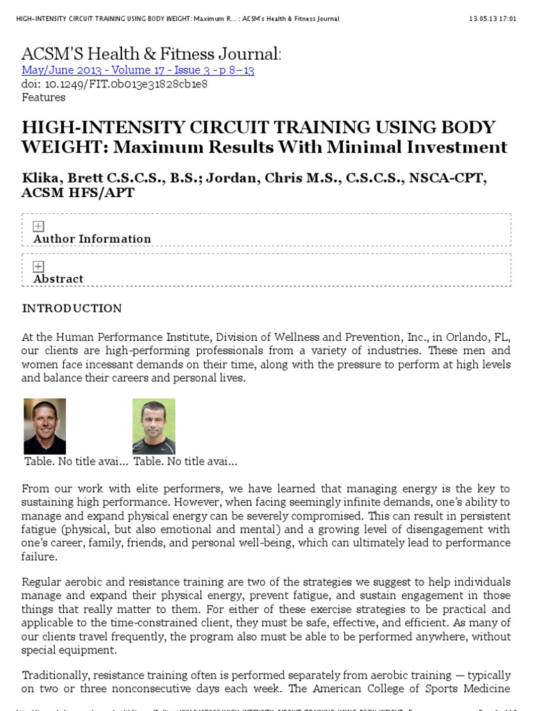 High-Intensity Circuit Training Using Body Weight: Maximum R... : Acsm ...