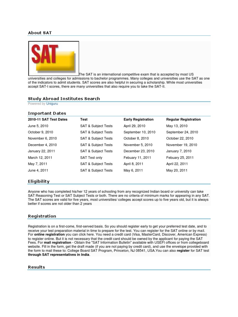 SAT Test Dates and Registration Info | PDF | Sat | Test (Assessment)