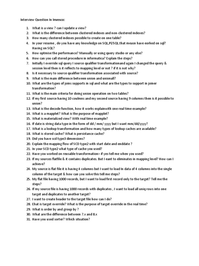 Invesco SQL and Informatica Interview Questions | PDF | Database Index ...