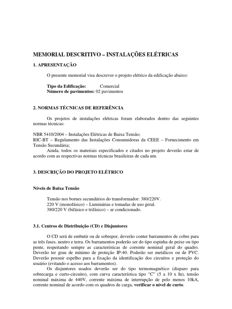 MEMORIAL DESCRITIVO - INSTALAÇÕES ELÉTRICAS - COMERCIAL.pdf | Fiação ...